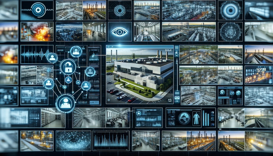 AI-enhanced video surveillance interface analyzing multiple CCTV feeds for enhanced safety in multi-site operations.