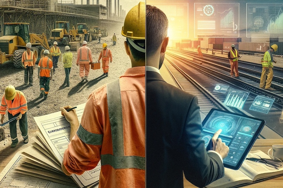 Composite photograph showing the transition from traditional paper-based safety inspections to modern AI video analytics in construction site safety management.