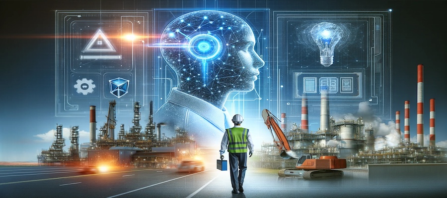 A conceptual digital artwork for a blog post, depicting the synergy between AI technology and an EHS manager in a high-risk workplace environment. The image features a futuristic AI interface on one side and a human figure with a safety helmet, representing an EHS manager, on the other. The background merges a construction site with a manufacturing setting, symbolizing high-risk industries and emphasizing collaboration for enhanced safety.