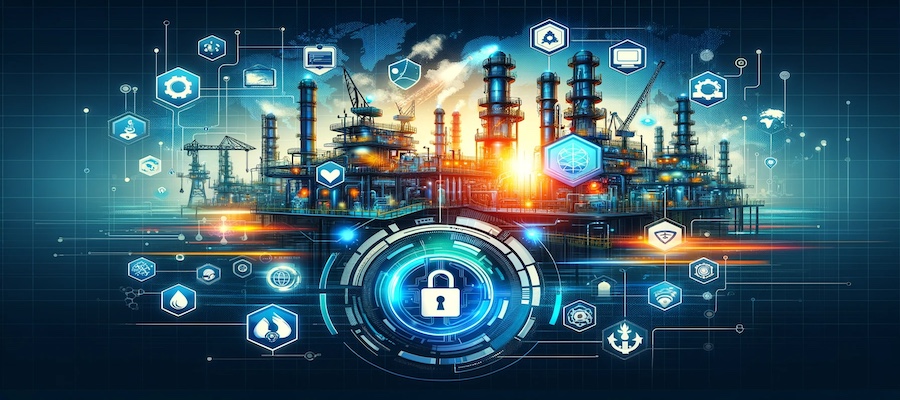 Graphic illustrating key safety issues in the oil and gas industry, with visual elements representing Securade.ai's technological solutions in a landscape format.