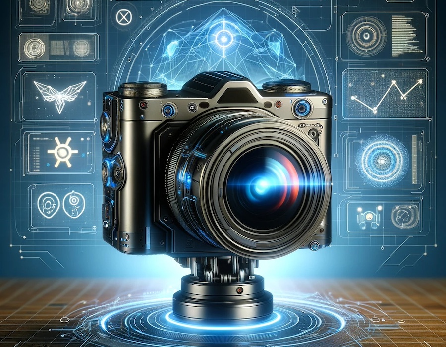 Modern camera enhanced with Securade.ai HUB's AI technology in a futuristic no-code integration.