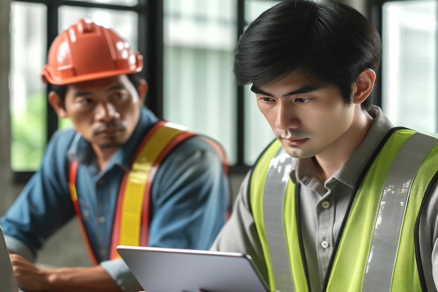 Realistic scene in a construction site office with a computer operator and an Asian safety supervisor discussing safety measures, highlighting practical technology use in managing on-site safety.