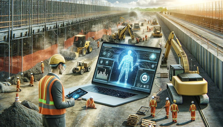 Securade.ai technology at a construction site displaying AI analytics and enhanced safety measures among workers and equipment.