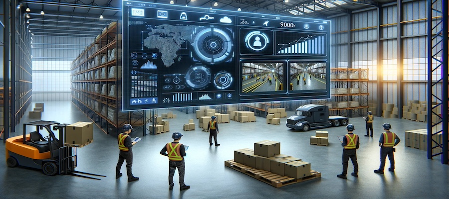 Realistic photo of a logistics warehouse with workers in safety gear and an advanced video analytics display highlighting safety enhancements.