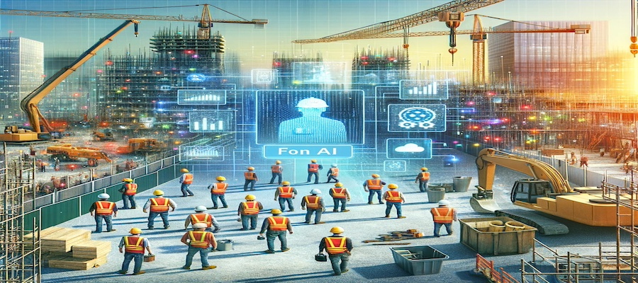 AI-powered video analytics at a construction site with workers in safety gear, highlighting the integration of technology in construction safety.