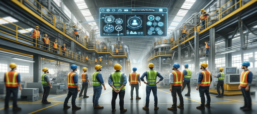 Workers in a high-risk industrial setting practicing behavioral safety culture with visible safety equipment and a backdrop of advanced technological monitoring.