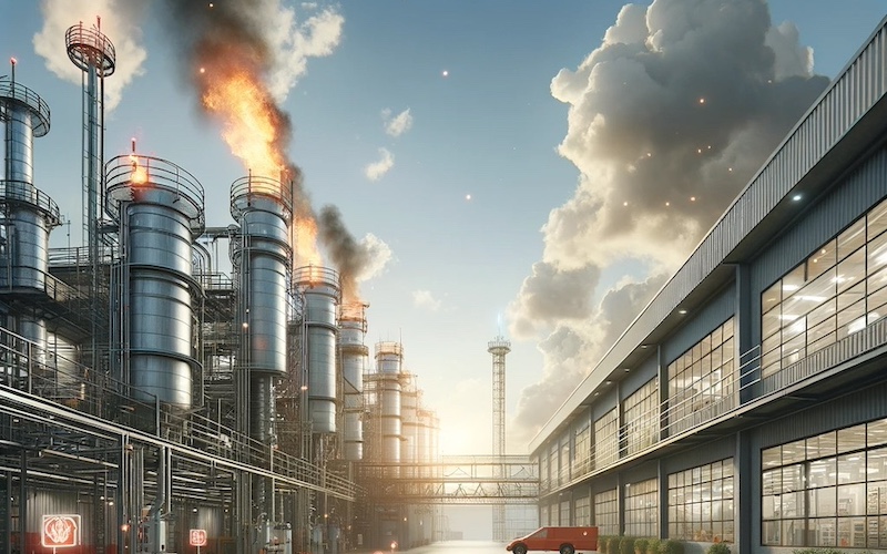 Realistic depiction of an outdoor industrial setting with advanced AI fire safety technology, showcasing robust safety measures.