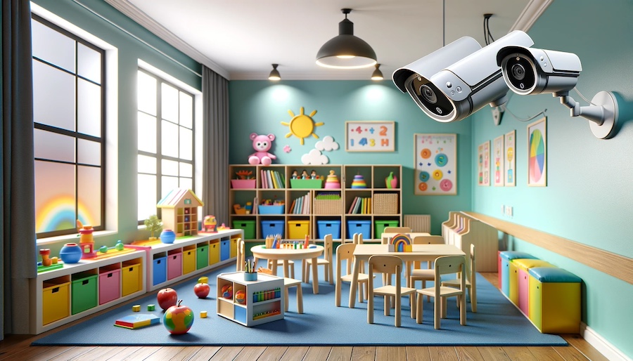 The image generated depicts a modern preschool classroom equipped with CCTV cameras, showcasing a safe and technologically integrated environment for young learners.