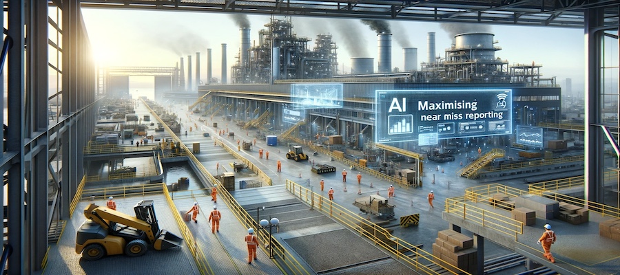 Photorealistic image of an industrial environment with workers interacting with AI technology, displaying digital screens for near miss reporting in a factory or construction site setting.