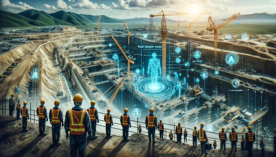 Futuristic AI Safety at Construction Site: Workers amidst digitally highlighted danger zones like open pits and crane areas.