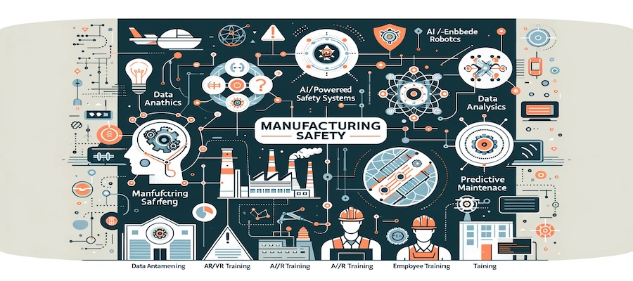 Abstract infographic showcasing key AI technologies in manufacturing safety, featuring minimalist icons for AI-Powered Safety Systems, AR/VR Training, Data Analytics, AI-Enabled Robotics, Predictive Maintenance, and Employee Training, set against a professional color palette relevant to the manufacturing industry.