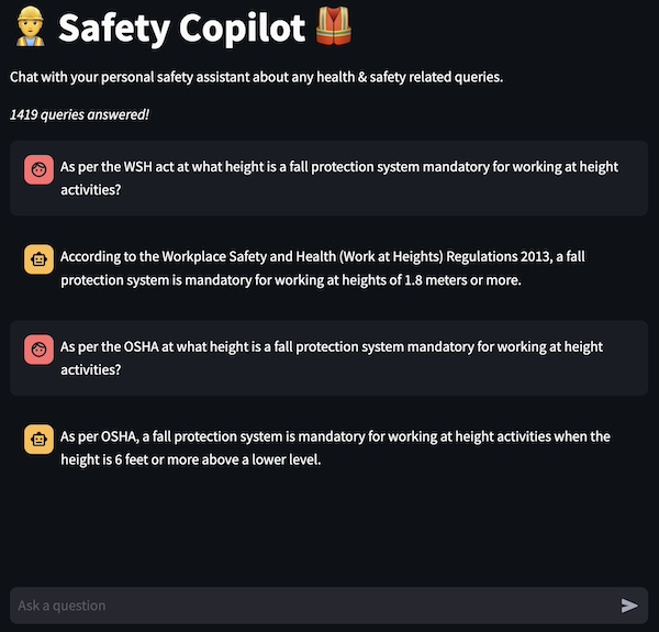 Screenshot of safety-copilot showing a query about fall protection systems.