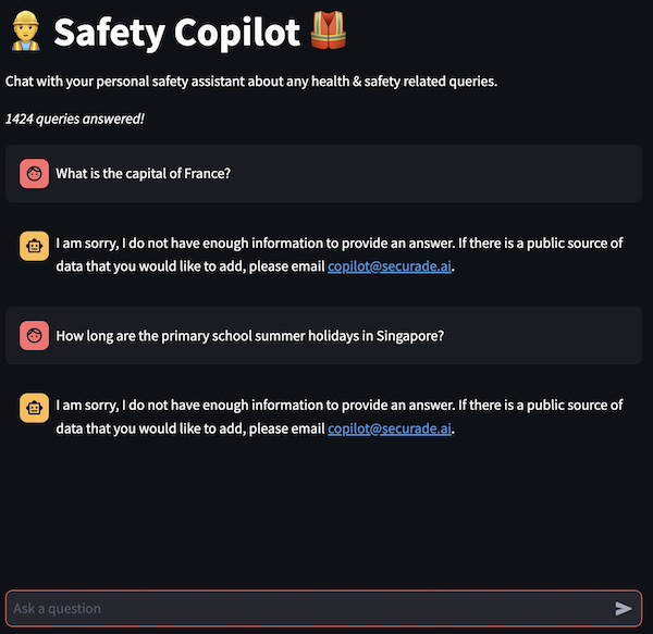 Screenshot of safety-copilot showing refusal of irrelevant queries.